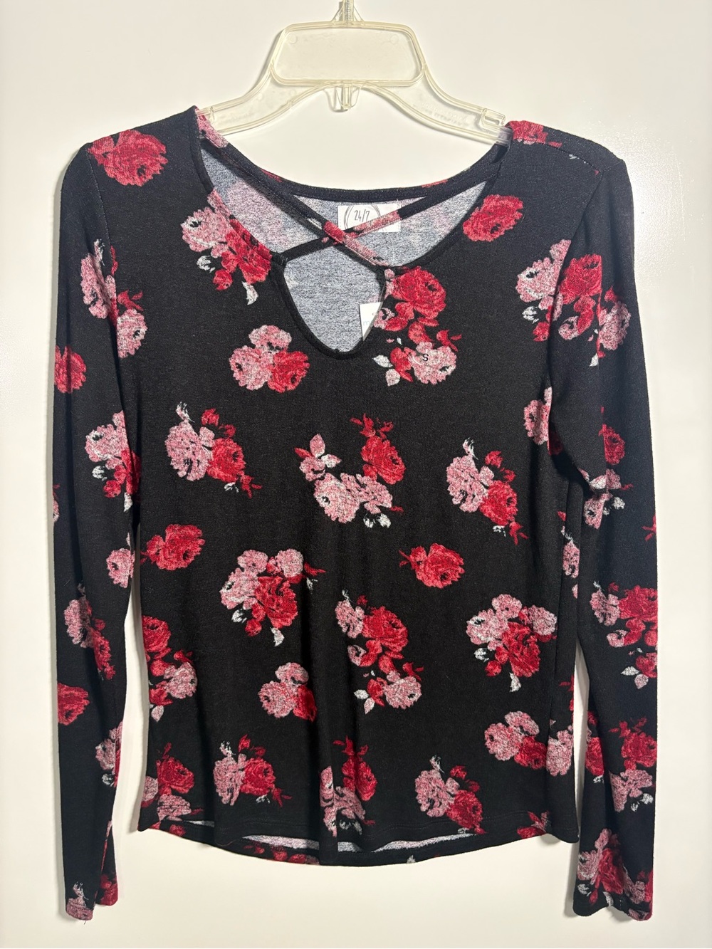 Maurices Black Long Sleeve Floral Top with Crisscross Neckline NWT